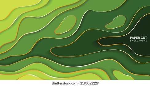 Abstract luxury dark background with golden wave lines and dark shadow. Dynamic shapes composition. Green background