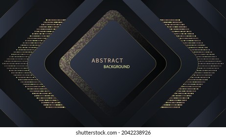 Abstract luxury dark background. Shiny golden glittering dots on geometric shape. Vector and illustration design.