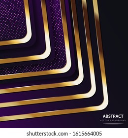 Abstract luxury dark background. Six golden lines shaped arrow pointing to the lower right corner with purple glitter. Creative geometric shapes design