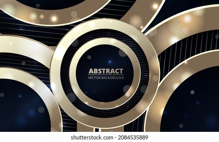 Abstract luxury dark blue background with golden circles and bokeh festive lights effect. Abstract luxury geometric background. Vector illustration