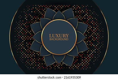 Abstract luxury dark blue background overlap layer on dark space with golden lines combinations for use element cover, banner, brochure, and flyer. Texture with golden glitters dots element 