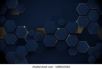 Abstract Luxury Dark Blue And Gold Hexagons Background. Illustration Vector