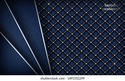 Abstract luxury dark blue overlap background with realistic buttoned leather. Texture with silver list and silver glitters dots element. Modern vector design template.