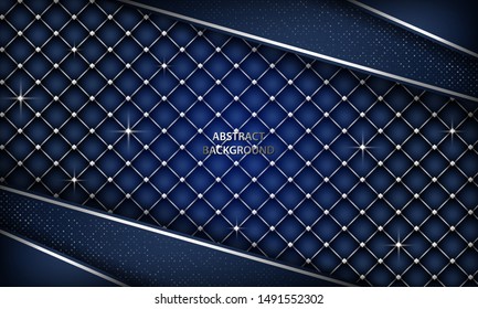 Abstract luxury dark blue overlap background with realistic buttoned leather. Texture with silver list and silver glitters dots element. Modern vector design template.
