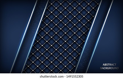 Abstract luxury dark blue overlap background with realistic buttoned leather. Texture with silver list and silver glitters dots element. Modern vector design template.