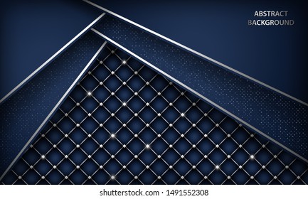 Abstract luxury dark blue overlap background with realistic buttoned leather. Texture with silver list and silver glitters dots element. Modern vector design template.