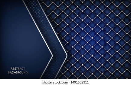 Abstract luxury dark blue overlap background with realistic buttoned leather. Texture with silver list and silver glitters dots element. Modern vector design template.