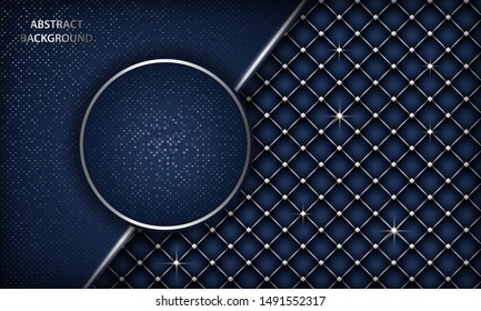 Abstract luxury dark blue overlap background with realistic buttoned leather. Texture with silver list and silver glitters dots element. Modern vector design template.