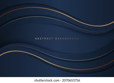 Abstract luxury dark blue wave shapes background with golden lines. Modern simple overlap paper cut style wave layers elements with shadow decoration. Luxury and elegant style template design