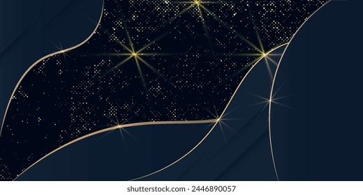 Abstract luxury dark blue wave background with glitter golden lines and dots. Modern simple overlap wave layers elements with shadow decoration.