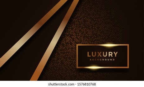 Abstract luxury dark brown background with golden lines and glowing golden light . Overlap modern background