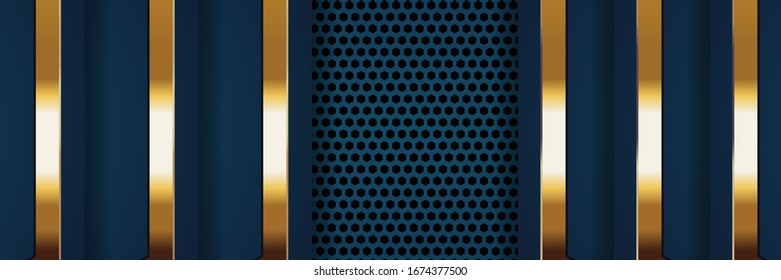 Abstract luxury dark green black banner background with geometric pattern. Modern shapes design and vertical shiny gold lines on the left and right. New digital vector
