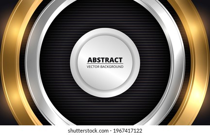Resumen de fondo vectorial oscuro de lujo. Círculos tridimensionales de oro y plata sobre fondo negro rayado. Ilustración del vector EPS 10.