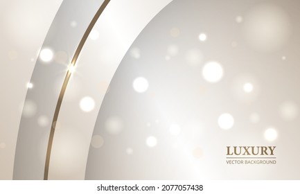 Abstract luxury elegant festive realistic beige background with gold line and bokeh light effect. Vector illustration