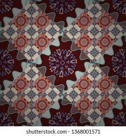 Abstract luxury and elegant seamless pattern in popular blue, orange and brown colors. Modern vector mandalas design for print on card paper, fabric poster, carpet or book cover. Colorful tones.