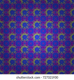 Abstract luxury and elegant seamless pattern in popular yellow, blue and violet colors. Modern vector mandalas design for print on card paper, fabric poster, carpet or book cover. Colorful tones.