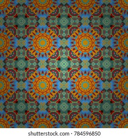 Abstract luxury and elegant seamless pattern in popular yellow, pink and blue colors. Modern vector mandalas design for print on card paper, fabric poster, carpet or book cover. Colorful tones.