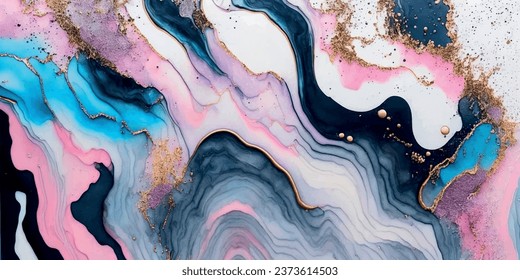 Abstract luxury fluid art painting in alcohol ink technique,mixture of teal blue pink black white gold paints.Imitation of marble stone cut,glowing glitter golden foil veins.Tender dreamy wavy design.