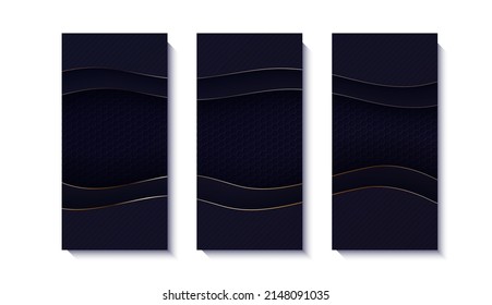 Abstract luxury flyer set in paper cut style. Wavy dark border with golden edges. Dark background with hexagons or honeycombs texture. Vector 3d illustration in papercut realistic style.