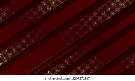 Resumen de fondo geométrico de lujo. Rayas diagonales rojas oscuras y líneas doradas con decoración de efecto luminoso brillante dorado. Plantilla de banner de gran tamaño premium. Plantilla horizontal 3D moderna con luminosidad