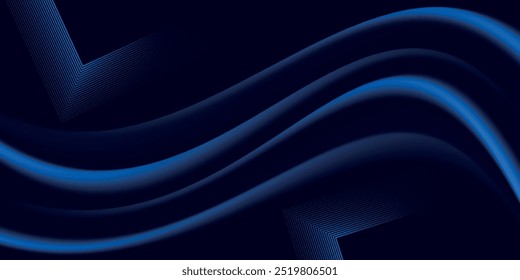 Linhas brilhantes de luxo abstrato curvadas sobrepostas em fundo azul escuro. Design de prêmio de modelo. Ilustração vetorial