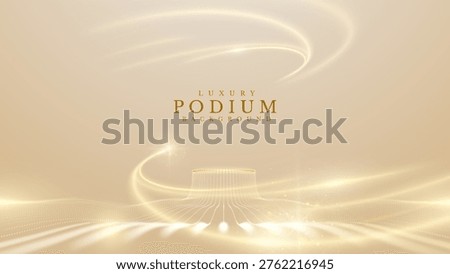 Abstract luxury gold background displaying elegant 3d podium. Premium glow light wave particle design for cosmetic product  or award ceremony presentation. Vector illustration.