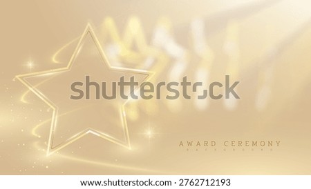 Abstract luxury gold background displaying elegant star frame. Cream poster design for winner award ceremony presentation. Modern stage concept showing bright flare beam. Vector illustration.