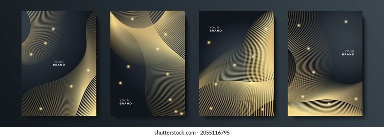 Abstract luxury gold black background with golden wavy line stripes. Suit for business, corporate, institution, party, festive, seminar, and talks