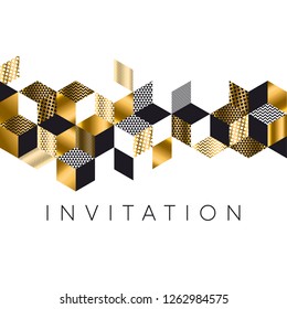 Abstract luxury gold and black rhombus pattern for header, card, invitation, poster. Vector illustration with geometric shapes, hexagons, triangles. Mosaic and patchwork inspired design element.