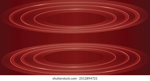 Abstract luxury gold circle lines on dark red background and light effect. Minimal geometric pattern