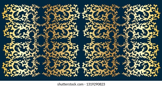 Abstract luxury gold pattern ornament background on the blue backdrop. Vector EPS 10 illustration. 