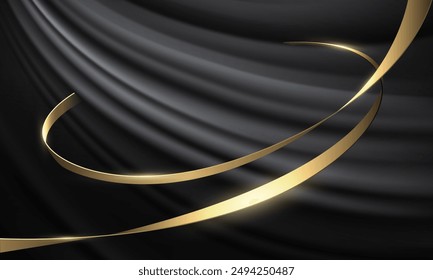 Abstract luxury gold ribbon line curve spiral on black fabric design modern background vector illustration.