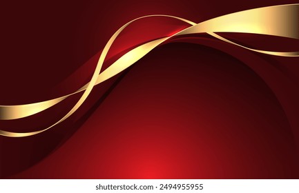 Abstract luxury gold ribbon line wave curve on red design modern background vector illustration.