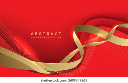 Abstract luxury gold ribbon line wave curve on red design modern background vector illustration.