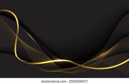 Abstract luxury gold ribbon line wave curve on black design modern background vector illustration.