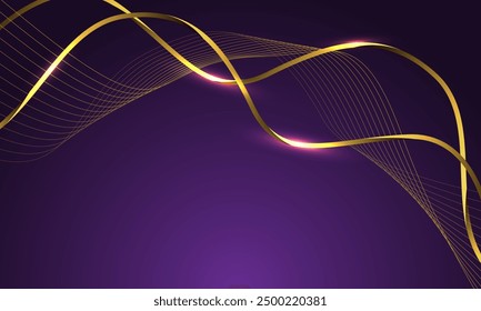 Abstract luxury gold ribbon line wave curve on purple design modern background vector illustration.