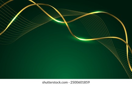 Abstract luxury gold ribbon line wave curve on green design modern background vector illustration.