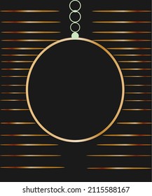 Abstrakter luxuriöser goldener Ring auf schwarzem Hintergrund, goldener hängender runder Rahmen, mit goldenem Streifen-Muster