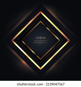 Abstract luxury gold square lines frame on black background and glowing ligthting effect. Vector illustration 