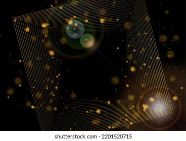 Abstract luxury golden background with linear squares and bokeh lights. Vector design