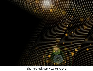 Resumen de fondo dorado de lujo con flechas lineales y luces de bokeh. Diseño de vectores