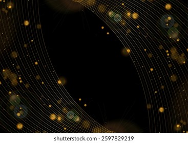 Abstract luxury golden background with wavy lines and bokeh lights. Vector design