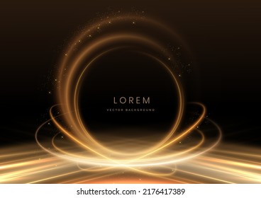 Abstract luxury golden circle glowing lines curved overlapping on black background with lighting effect sparkle. Template premium award design. Vector illustration