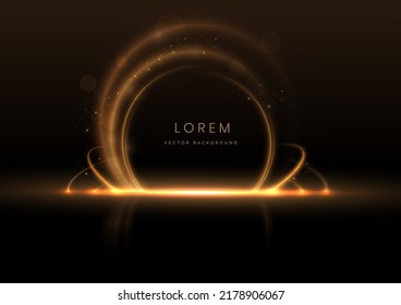 Abstract luxury golden circle glowing lines curved overlapping on black background with lighting effect sparkle. Template premium award design. Vector illustration