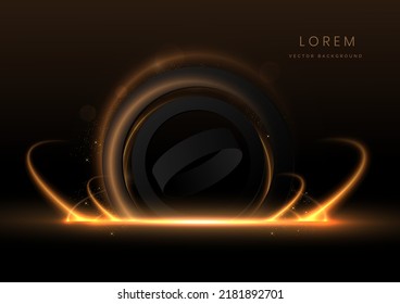 Abstract luxury golden circle glowing lines curved overlapping on black background with lighting effect sparkle. Template premium award design. Vector illustration