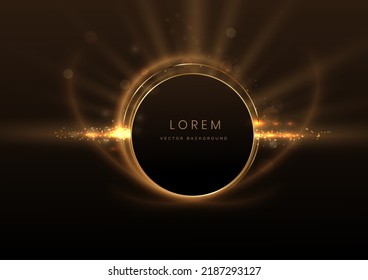 Abstract luxury golden circle glowing lines curved overlapping on black background with lighting effect sparkle. Template premium award design. Vector illustration