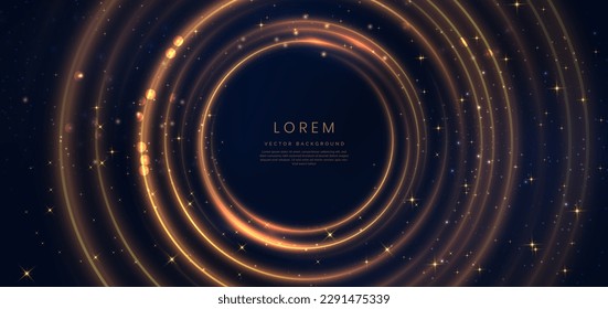 Abstract luxury golden circles lines overlapping on dark blue background with lighting effect and sprkle. Template premium award design. Vector illustration