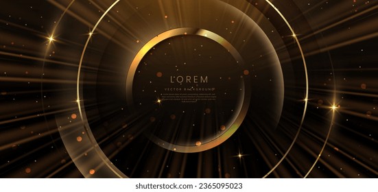 Abstract luxury golden circles lines overlapping on dark brown background with lighting effect and sprkle. Template premium award design. Vector illustration