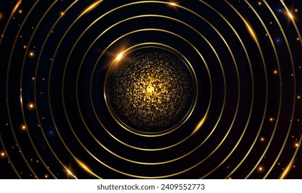 Abstract luxury golden circles lines in deep space background with shining stars. Golden rings with glow effect. Luxury style. Futuristic digital circle science and technology background. Vector EPS10