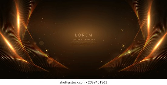 Abstract luxury golden curved lines overlapping on dark brown background with lighting effect and sprkle. Template premium award design. Vector illustration